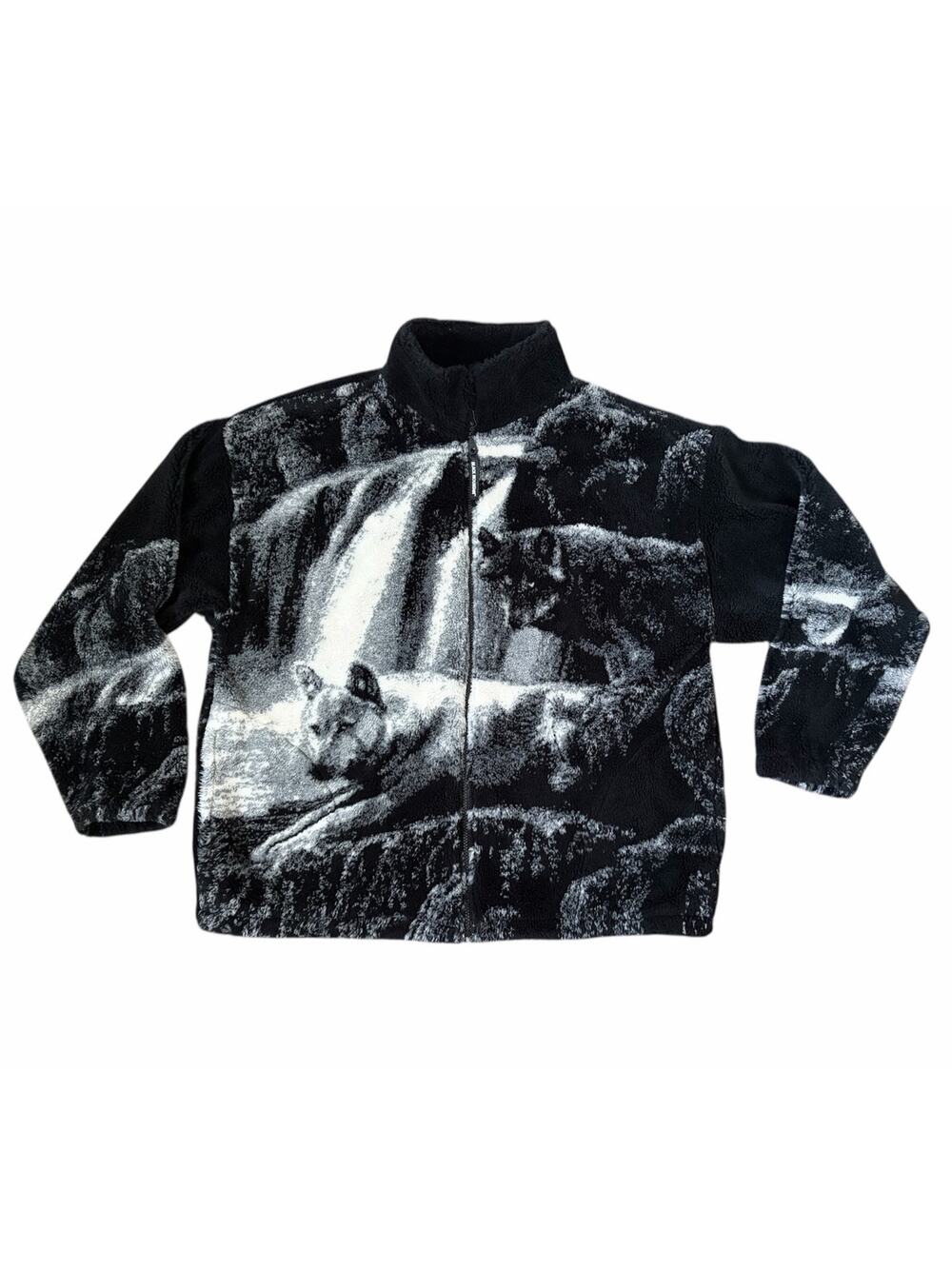 VTG Black Mountain Timber Wolf Waterfall Graphic Full Zip Fleece Jacket Unisex L